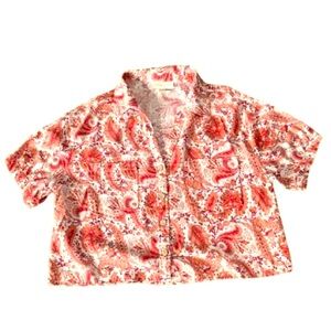 CYNTHIA ROWLEY Orange Red Cropped Button Up Blouse Short Sleeved,‎ Women’s Sz M